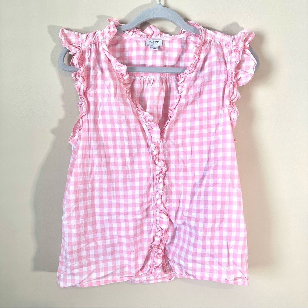 J. Crew Pink gingham Ruffle Top coquette picnic preppy chic 100% cotton flowy
